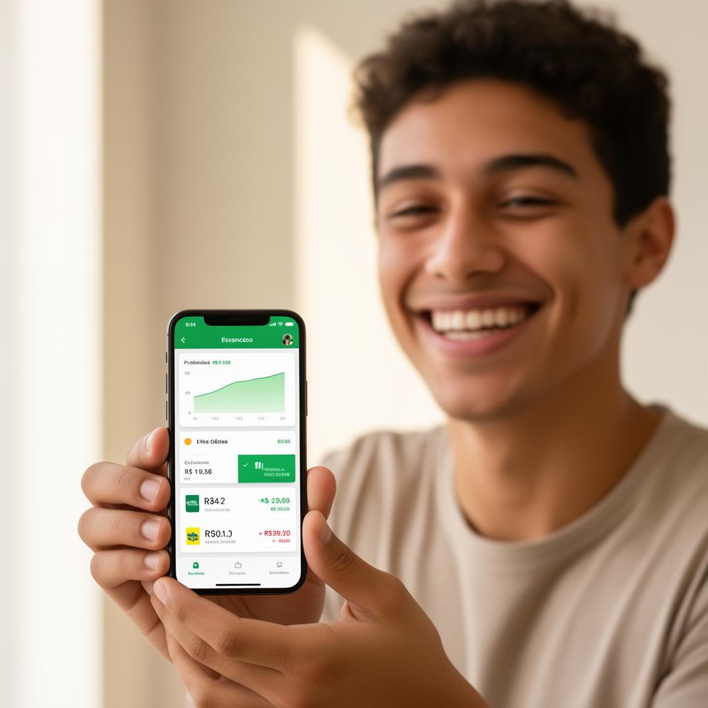 Pessoa sorrindo segurando o celular com o aplicativo Zentavo de controle financeiro aberto na tela